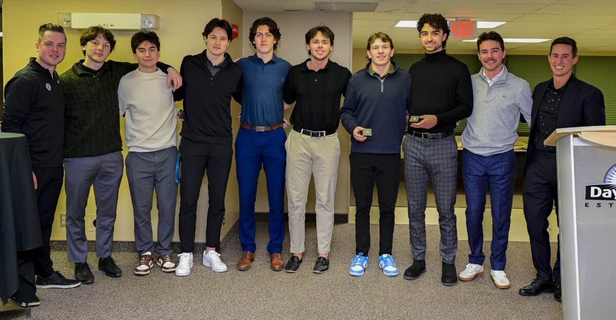 The Bruins' graduating class pictured L-R: Head Coach Drew Kocur, Owen Simmons, Rylan Ringor. Kaelen Whittingham, Jacob Hufty, Brady Wilson, Hayden Pimm, Kieran Ronan, Assistant Coach Turner Ripplinger, Bruins' President Riley Tetreault. (Photo credit: Wanda Harron Photography)